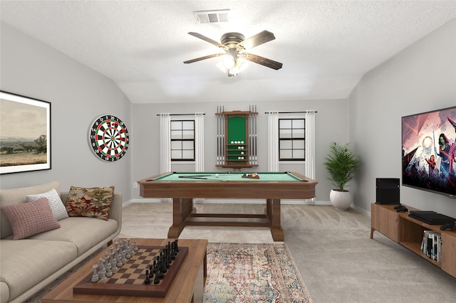 10223 Dude Rd, Houston, TX 77064 - recreation room featuring baseboards, billiards, a ceiling fan, visible vents, and lofted ceiling