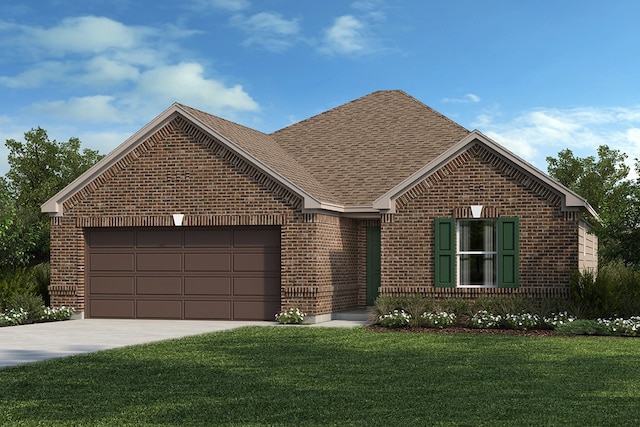 ranch-style home featuring a front yard, brick siding, an attached garage, a shingled roof, and concrete driveway
