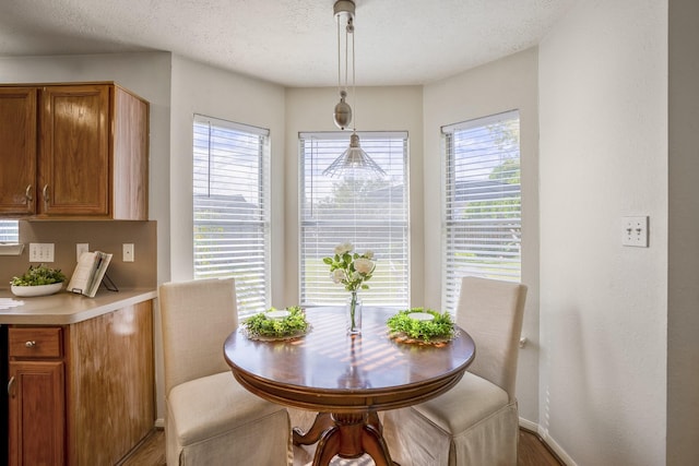 dining area featuring baseboards, wood finished floors, and a textured ceiling