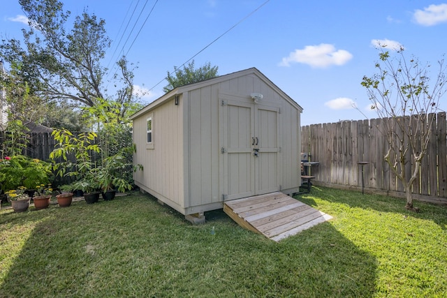 view of shed with a fenced backyard