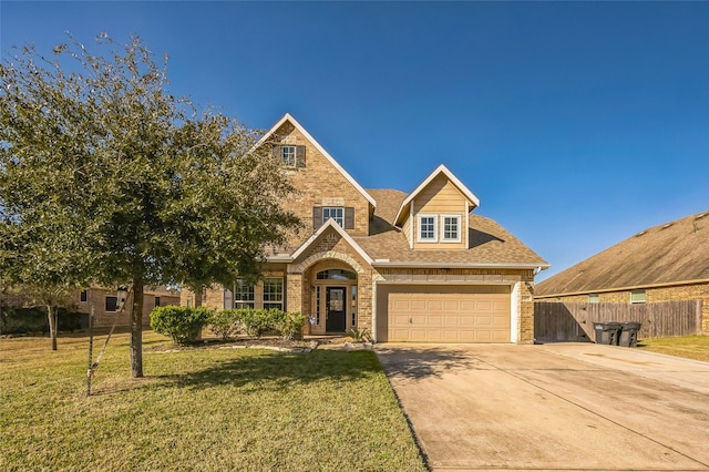 view of front of house with a shingled roof, fence, concrete driveway, brick siding, and a front lawn