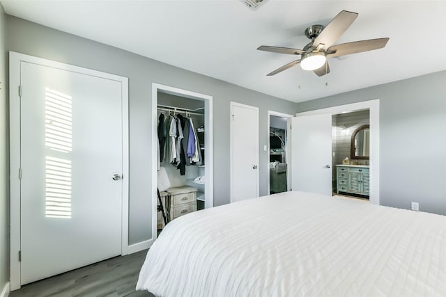 bedroom featuring a closet, a ceiling fan, connected bathroom, and wood finished floors