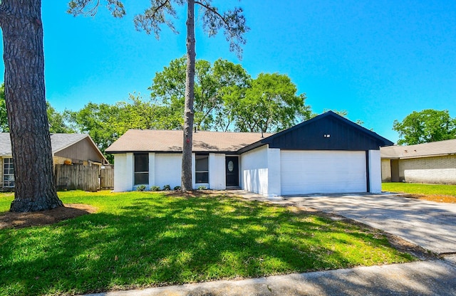 19919 Burle Oak Dr, Humble, TX 77346 - ranch-style house with an attached garage, fence, stucco siding, a front lawn, and driveway