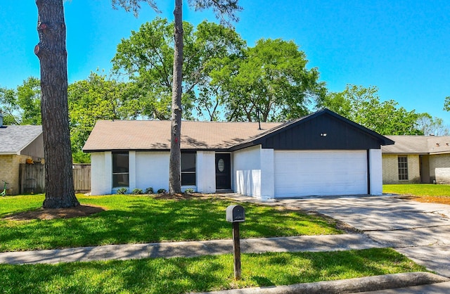 19919 Burle Oak Dr, Humble, TX 77346 - ranch-style house featuring a garage, concrete driveway, fence, and a front lawn