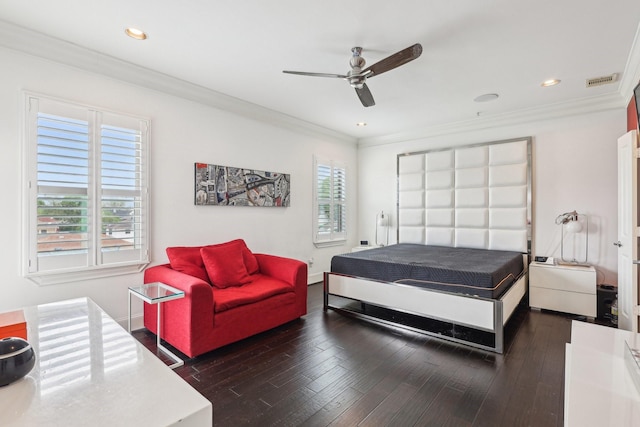 bedroom with ornamental molding, visible vents, recessed lighting, and hardwood / wood-style floors