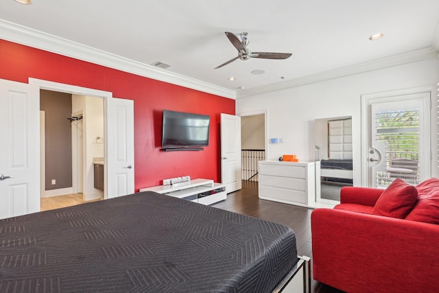 bedroom featuring crown molding, wood finished floors, visible vents, and recessed lighting