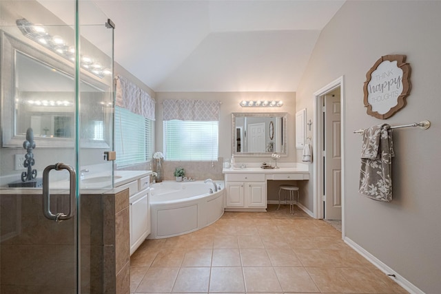 5303 Fairweather Ct, Katy, TX 77450 - full bath featuring vanity, tile patterned flooring, a shower stall, lofted ceiling, and a garden tub
