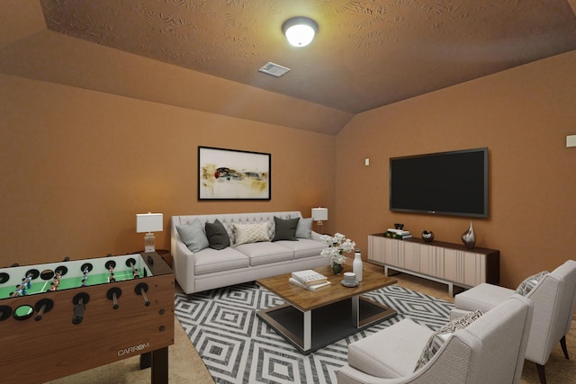 carpeted living room with visible vents and vaulted ceiling
