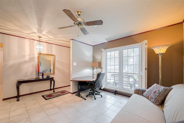 5622 Sheraton Oaks Dr, Houston, TX 77091 - office area featuring a ceiling fan, crown molding, baseboards, and a textured ceiling