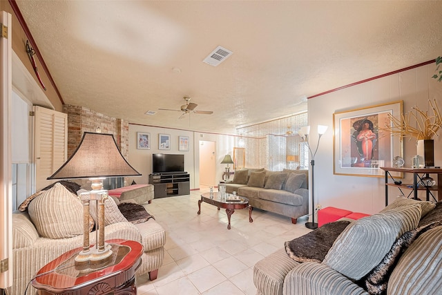 5622 Sheraton Oaks Dr, Houston, TX 77091 - living area with ceiling fan, light tile patterned flooring, and crown molding