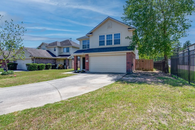 7215 Autumn Day Ct, Magnolia, TX 77354 - traditional-style home with fence, a front lawn, driveway, brick siding, and a garage