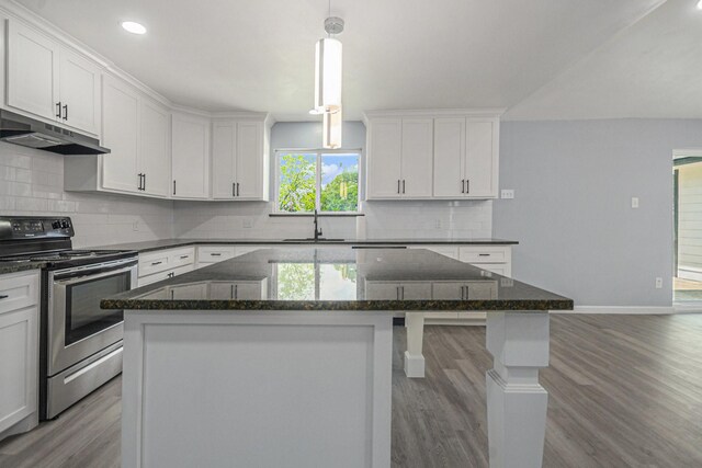 kitchen featuring white cabinetry, light wood-style flooring, stainless steel range with electric cooktop, a center island, and under cabinet range hood