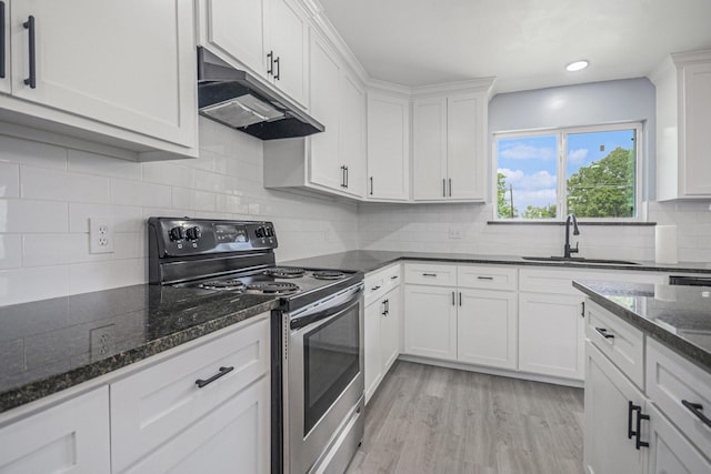 kitchen with a sink, white cabinetry, under cabinet range hood, and stainless steel electric range