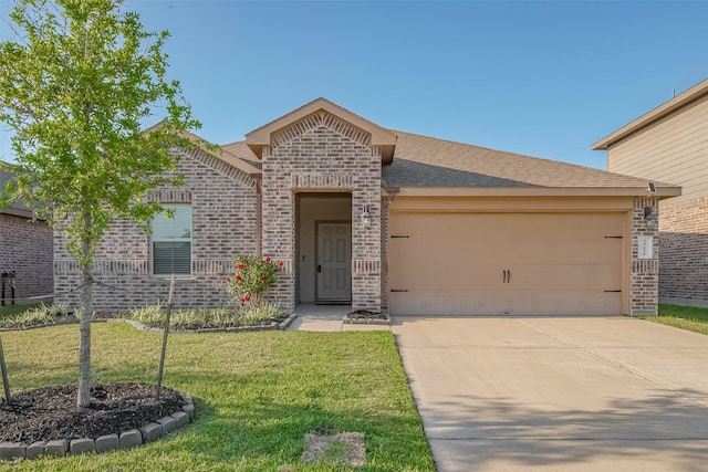 single story home featuring driveway, a front lawn, brick siding, a garage, and a shingled roof