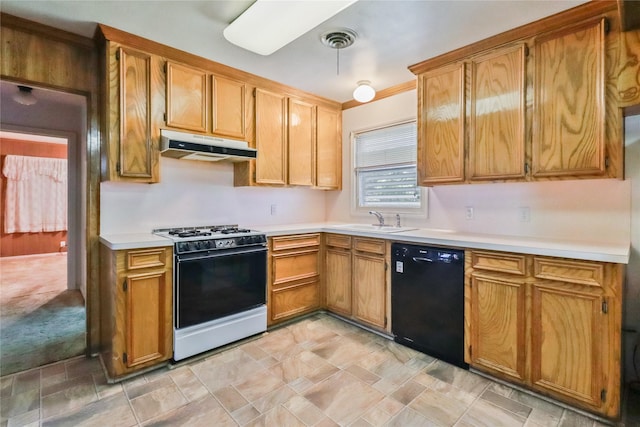 1220 San Felipe St, Angleton, TX 77515 - kitchen featuring visible vents, dishwasher, a sink, under cabinet range hood, and range with gas stovetop