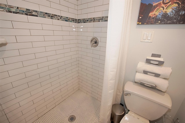 full bathroom featuring a shower stall and toilet