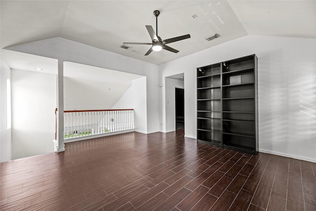 bonus room featuring visible vents, wood finished floors, ceiling fan, and lofted ceiling
