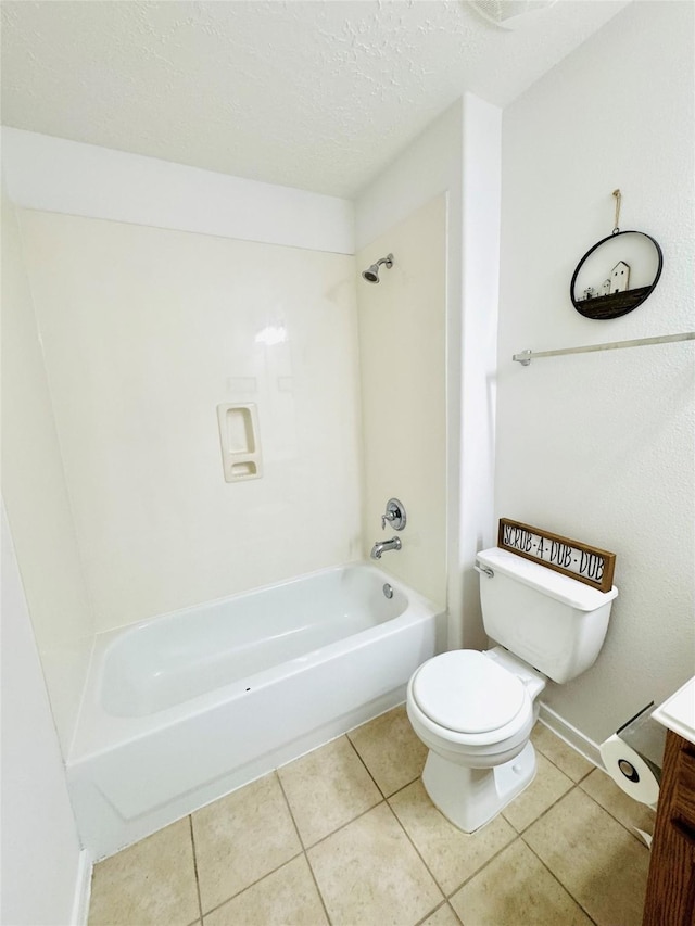 bathroom with vanity, tile patterned floors, shower / tub combination, a textured ceiling, and toilet