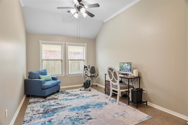 tiled office space with ornamental molding, ceiling fan, baseboards, and lofted ceiling
