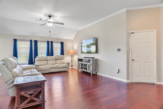 living area featuring wood finished floors, baseboards, a ceiling fan, and vaulted ceiling
