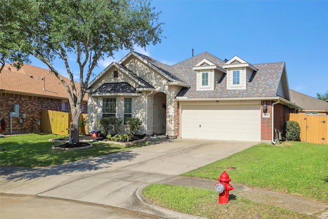 traditional-style home featuring a gate, driveway, an attached garage, a front yard, and fence