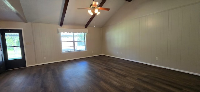 520 Walnut St, Waller, TX 77484 - spare room with dark wood-type flooring, wood walls, beamed ceiling, and ceiling fan