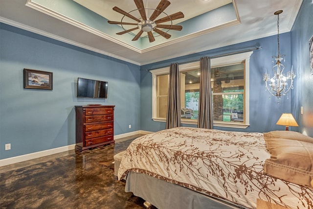 12122 Hawthorne Dr, Montgomery, TX 77356 - bedroom with a raised ceiling, concrete floors, ornamental molding, a chandelier, and ceiling fan
