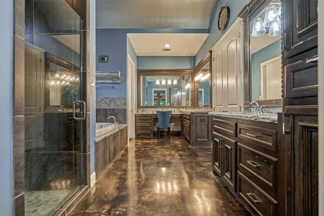 12122 Hawthorne Dr, Montgomery, TX 77356 - full bathroom with vanity, a garden tub, a stall shower, and concrete floors