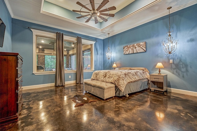 12122 Hawthorne Dr, Montgomery, TX 77356 - bedroom with concrete floors, a tray ceiling, and crown molding