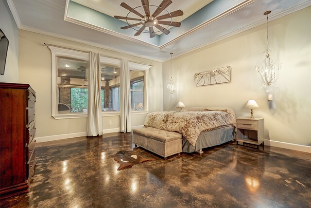 12122 Hawthorne Dr, Montgomery, TX 77356 - bedroom with ornamental molding, concrete floors, a raised ceiling, and a chandelier