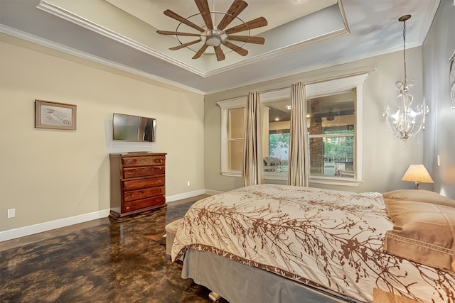 12122 Hawthorne Dr, Montgomery, TX 77356 - bedroom featuring a raised ceiling, finished concrete floors, ornamental molding, and ceiling fan