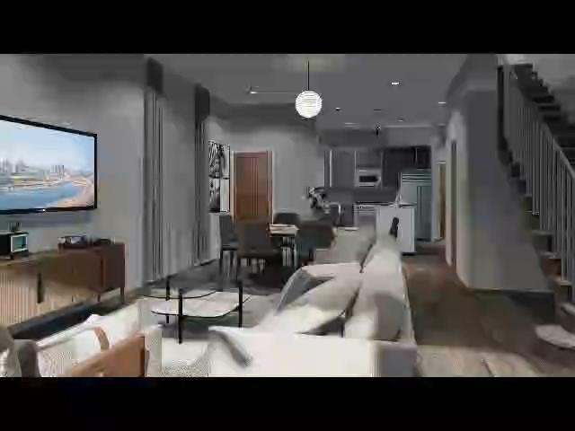 living area featuring stairs