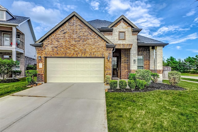 29114 Autumn Brook Dr, Fulshear, TX 77441 - view of front of house featuring stone siding, a garage, concrete driveway, brick siding, and a front lawn
