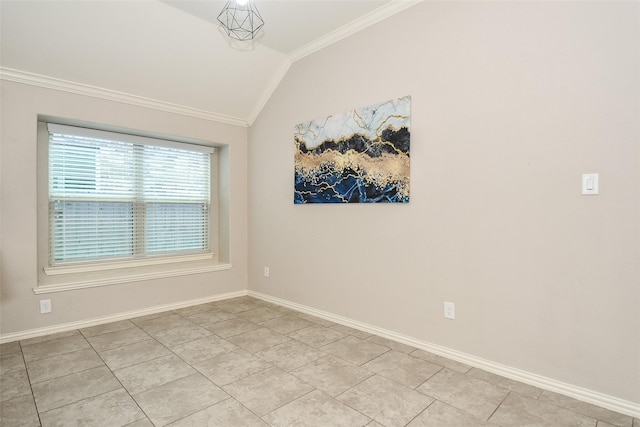 unfurnished room with light tile patterned flooring, baseboards, ornamental molding, and vaulted ceiling