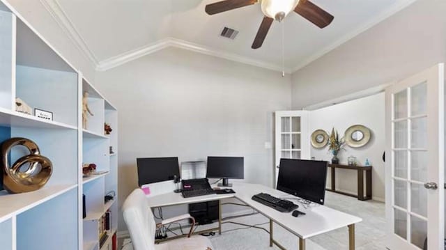 office area with ceiling fan, high vaulted ceiling, ornamental molding, visible vents, and french doors