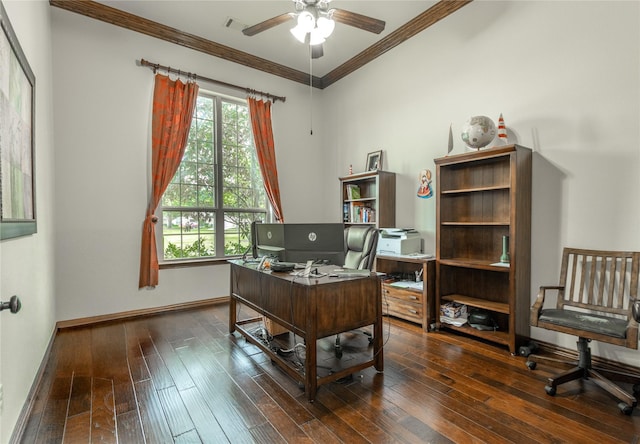 home office featuring ceiling fan, dark wood-type flooring, ornamental molding, visible vents, and baseboards