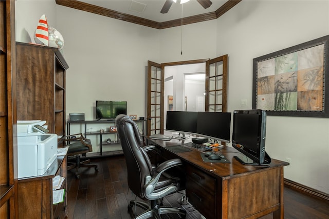 office area with dark wood-type flooring, crown molding, and ceiling fan