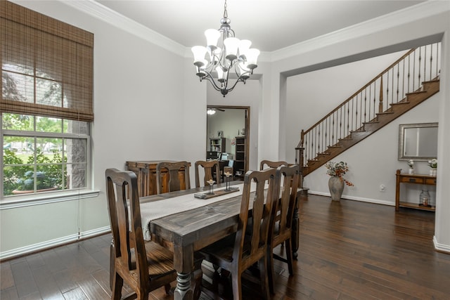dining room with crown molding, wood-type flooring, baseboards, and a chandelier