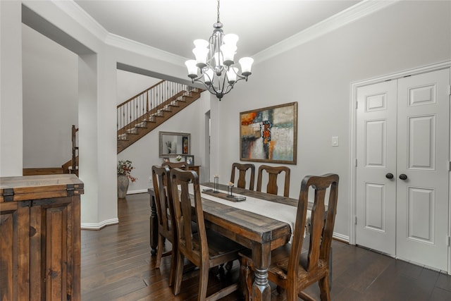 dining space with stairway, crown molding, and dark wood finished floors