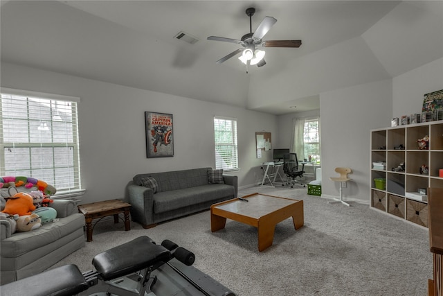carpeted living room featuring ceiling fan, baseboards, vaulted ceiling, and visible vents