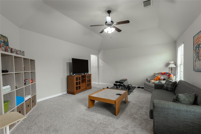 carpeted living room featuring visible vents, ceiling fan, baseboards, and lofted ceiling