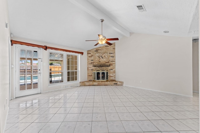 unfurnished living room featuring lofted ceiling with beams, light tile patterned flooring, ceiling fan, and visible vents