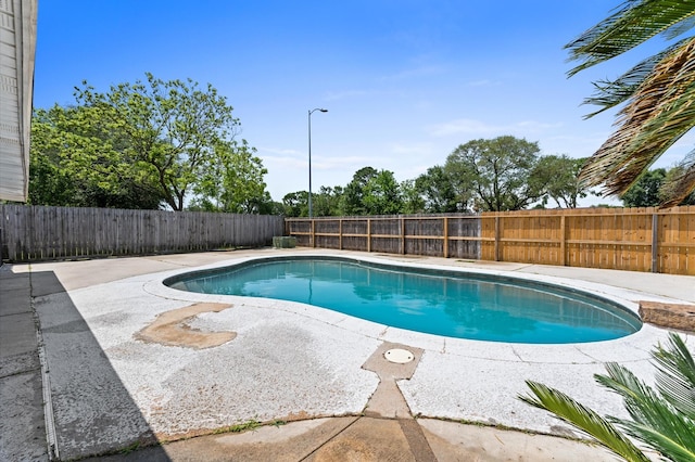 view of swimming pool featuring a fenced backyard, a fenced in pool, and a patio area