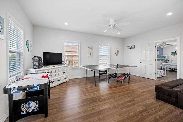 playroom featuring baseboards, a ceiling fan, wood finished floors, and recessed lighting