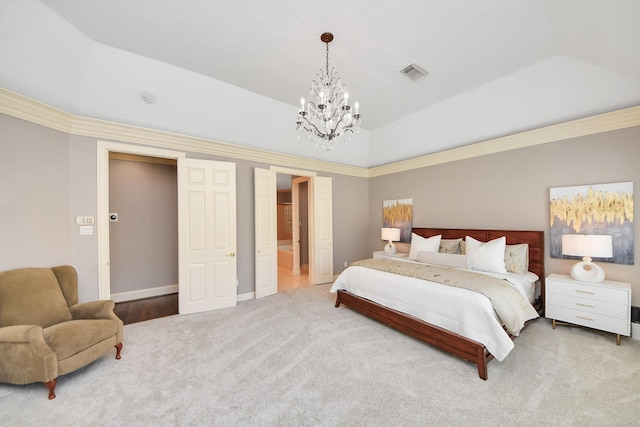 bedroom featuring an inviting chandelier, carpet, visible vents, a raised ceiling, and baseboards