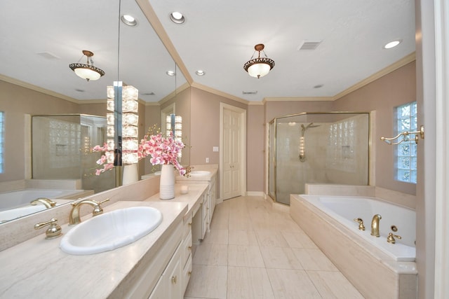 bathroom with a shower stall, a bath, and a sink