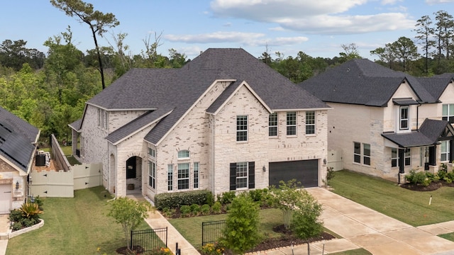 17583 Harpers Way, Conroe, TX 77385 - french country inspired facade with driveway, a front lawn, stone siding, and a garage
