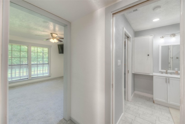 25 S Magnolia Ln, Shepherd, TX 77371 - corridor featuring baseboards, a sink, visible vents, and a textured ceiling