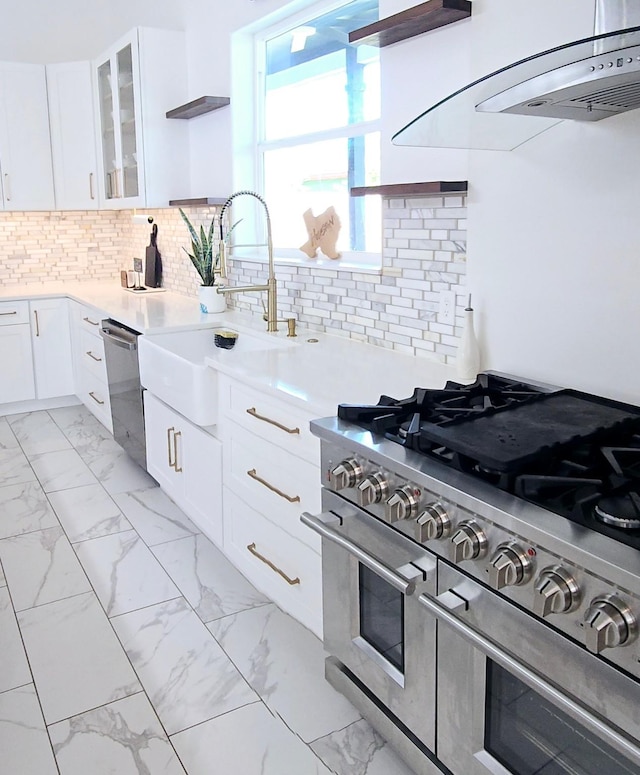 8006 Longridge Dr, Houston, TX 77055 - kitchen with glass insert cabinets, white cabinetry, open shelves, stainless steel appliances, and a sink