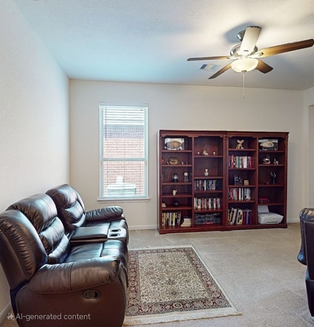 carpeted living area featuring visible vents, baseboards, and ceiling fan